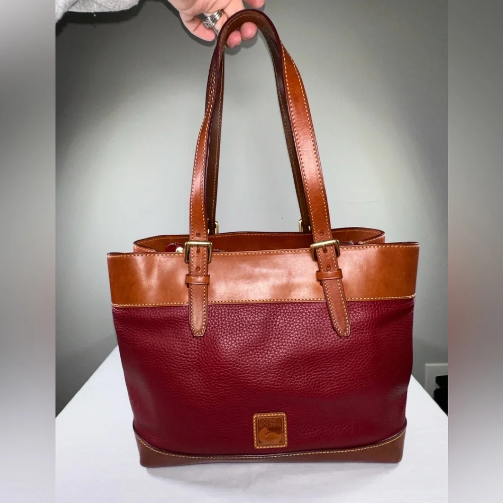 Dooney & Bourke Everyday Tote Burgundy Pebble Leather Tan Natural Patina Trim
